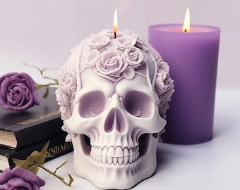 Moule Tête de mort décorée de Roses, Artisanat de bougie gothique, 3D Silicone moule tête de mort crâne  bougie, résine, plâtre DIY savon