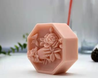 Hand and Rose soap mold in relief brick octagon lovers' party engagement wedding mother in silicone for DIY soap making