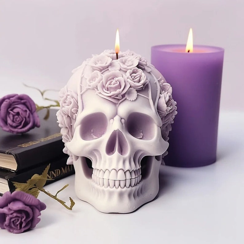 Moule Tête de mort décorée de Roses, Artisanat de bougie gothique, 3D Silicone moule tête de mort crâne bougie, résine, plâtre DIY savon image 1