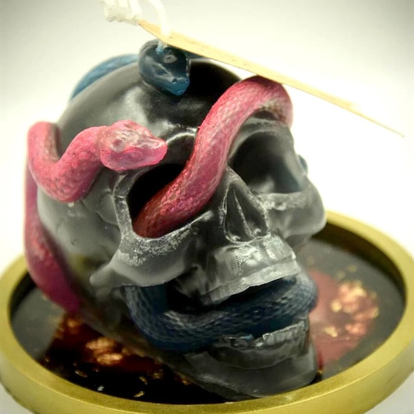 Moule de bougie en forme de crâne avec un serpent, Artisanat de bougie gothique, 3D Silicone moule tête de mort.