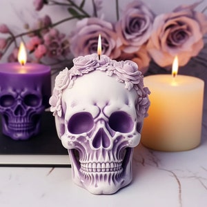 Moule Tête de mort décorée de Roses, Artisanat de bougie gothique, 3D Silicone moule tête de mort crâne bougie, résine, plâtre DIY savon image 2