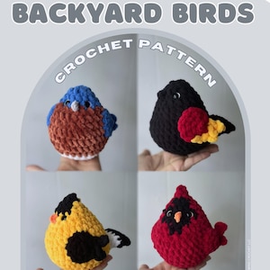 パターン「裏庭の鳥」かぎ針編みの鳥 | 4 in 1 パターン | 編みぐるみ | アカハラクロウタドリ | カーディナル | ゴールドフィンチ | ブルーバード