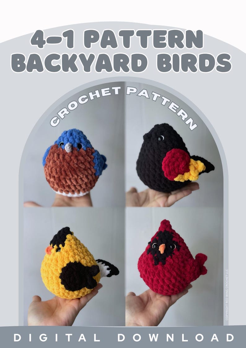 PATTERN "Backyard Birds” Crochet Birds | 4 in 1 Pattern | Amigurumi | Red Winged Blackbird | Cardinal | Goldfinch | Bluebird image 1
