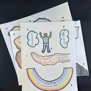 May include: A printable craft activity for children featuring a hand reaching up to a person standing on a cloud with the words "and to make you stand" written on their shirt. The person is standing on a cloud with the word "blameless" written on it. The hand is reaching up from a rainbow with the words "in the presence of His glory" written on it. The hand is reaching up from a rainbow with the words "in the presence of His glory" written on it. There is a cloud with the words "with great joy" written on it. There are also several other clouds with numbers on them.