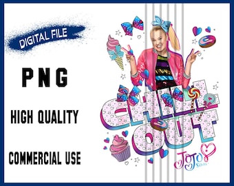 May include: A digital illustration of a girl with pink and blue hair wearing a pink jacket and a colorful shirt. The girl is holding a lollipop and is surrounded by colorful hearts, stars, and the words "Chill Out JoJo Siwa".