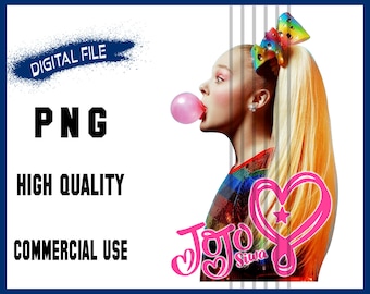 May include: A digital illustration of a young woman with long blonde hair blowing a pink bubble. She is wearing a colorful sequined top and a rainbow bow in her hair. The text "Jojo Siwa" is written in pink with a heart design.