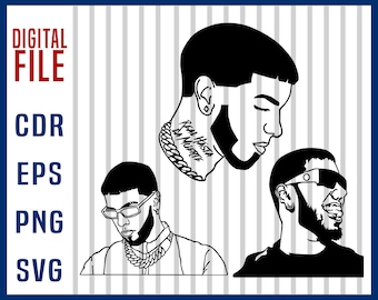 May include: Three black and white illustrations of a man with a beard and short hair. The man in the center has a tattoo on his neck that says "Real Hasta La Muerte".