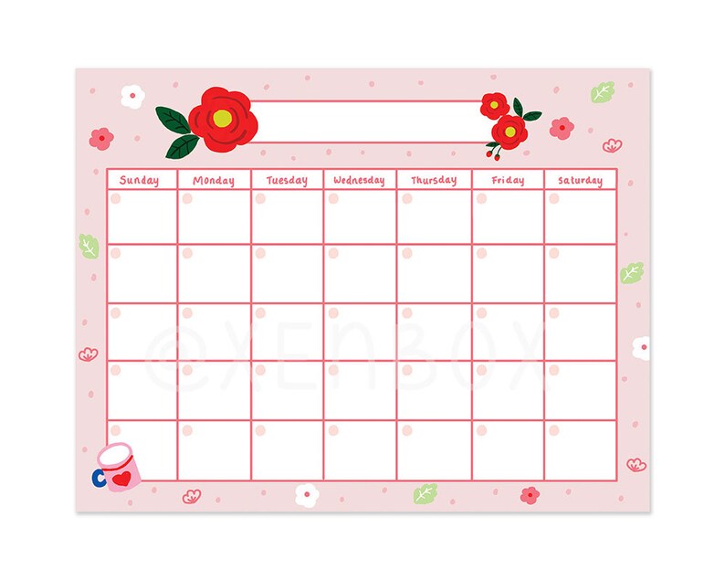 Printable Open Calendar Instant Download Flower Printable Calendar Etsy