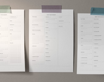 May include: A printable Bible reading plan chart with the books of the Old and New Testaments listed in columns. The chart is printed on white paper and taped to a gray wall.