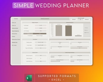 Hoja de cálculo del planificador de bodas / Excel / Lista de verificación de planificación de bodas / Panel de control de bodas / Asientos para bodas / Comparación de lugares / Plantilla digital