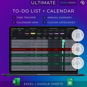 May include: A laptop screen displays a to-do list and calendar template. The screen shows task tracking, calendar view, annual summary, and custom categories. The template is compatible with Excel and Google Sheets. The design is in dark mode.