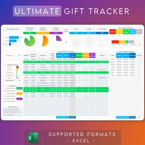 Puede incluir: Una hoja de cálculo colorida con el título "Ultimate Gift Tracker" para organizar los regalos de Navidad. La hoja de cálculo incluye secciones para el destinatario, el nombre del regalo, la tienda, el presupuesto, el costo real, etc. La hoja de cálculo está diseñada para ayudar a los usuarios a realizar un seguimiento del progreso de sus regalos y mantenerse dentro del presupuesto.