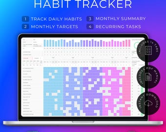 Planificador diario de hábitos, seguimiento de objetivos mensuales, plantilla de lista de tareas (Excel y Hojas de cálculo de Google)