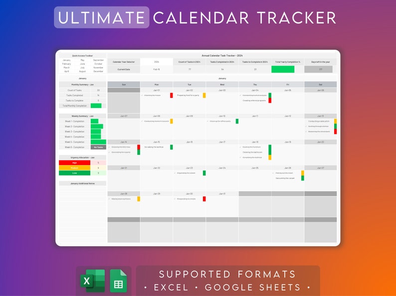 Calendario Excel y Hojas de Google / Plantilla de Calendario 2024 / Planificador de Proyectos Digitales / Rastreador de Tareas Mensual / Planificador de Horarios / Calendario de Tareas imagen 1