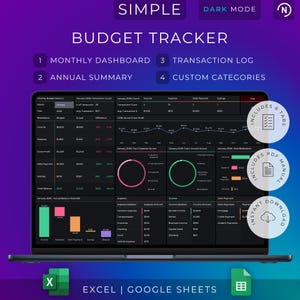 May include: A laptop screen displays a budget tracker interface with a dark mode design. The interface includes sections for monthly dashboards, annual summaries, transaction logs, and custom categories. The design includes charts and graphs for financial data analysis. The product is compatible with Excel and Google Sheets.