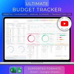 Puede incluir: Una pantalla de computadora portátil que muestra una hoja de cálculo de seguimiento de presupuesto con gráficos y diagramas coloridos. La hoja de cálculo incluye resúmenes mensuales y anuales, así como un registro de transacciones. El texto "ULTIMATE BUDGET TRACKER" se muestra en la parte superior de la pantalla. El texto "MONTHLY DASHBOARD | ANNUAL SUMMARY | TRANSACTION LOG" se muestra debajo del título. El texto "SUPPORTED FORMATS" se muestra en la parte inferior de la pantalla, junto con el texto "Excel Google Sheets".