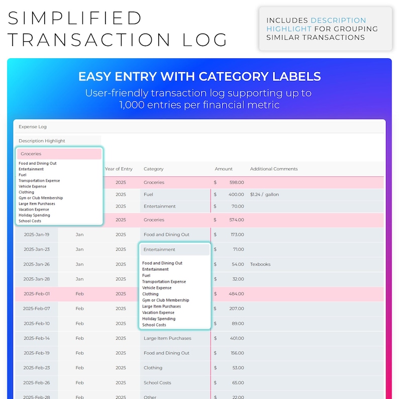 May include: A digital transaction log with a blue and pink gradient background. The log features a table with columns for the year, category, amount, and additional comments. The text "Simplified Transaction Log" is at the top.