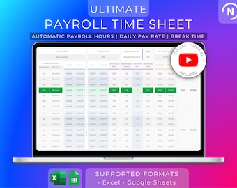 Payroll Timesheet Excel Google Sheets Employee Time Tracker Weekly Bi-Weekly Monthly Pay Calculator Paystub Payroll Management Working Hours