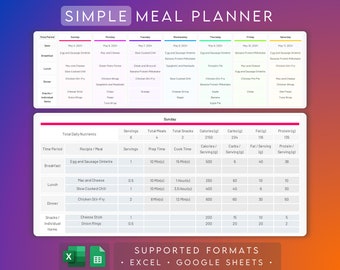Weekly Meal Planner | Grocery Shopping List | Excel and Google Sheets Template | Recipe Book | Macro Calorie Counter | Digital Meal Planner