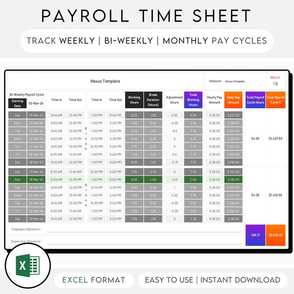Excel Payroll Timesheet | Employee Time Tracker | Small Business Payroll | 2024 Log | Weekly Bi-Weekly Monthly Template | Daily Time Entry