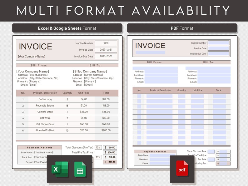 Invoice Template Excel and Google Sheets Editable PDF Form Professional ...