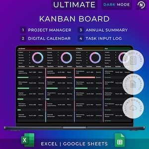 Suivi des tâches du tableau Kanban | Feuille de calcul de gestion de projet | Planificateur de tâches (feuilles Excel et Google)