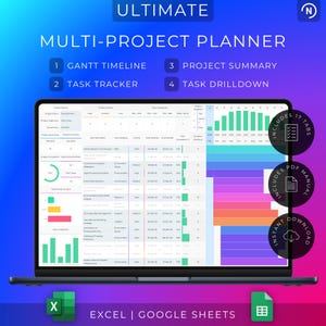 Multi Project Tracker Project Planner Gantt Chart Task Dashboard Management Template (Excel & Google Sheets)