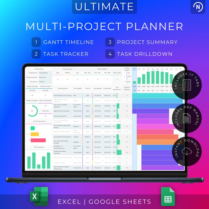 Multi Project Tracker Project Planner Gantt Chart Task Dashboard Management Template (Excel & Google Sheets) image 1