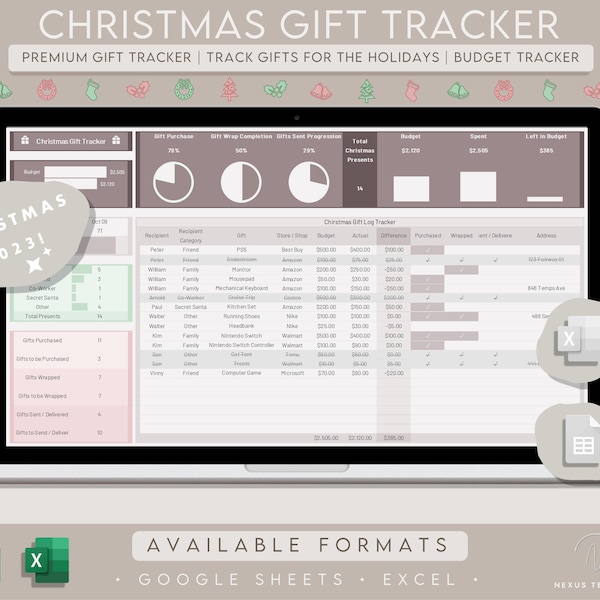 Christmas Gift Tracker Google Sheets and Excel | Budget Tracker | Gift Log Tracking | Holiday Digital Spreadsheet | Secret Santa List