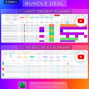 May include: A bundle deal for two Microsoft Excel templates: a Gantt project planner and a to-do list and calendar. Both templates feature colorful charts and graphs, and include YouTube tutorials. Supported formats: Microsoft Excel.