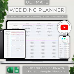 May include: A laptop computer displaying a wedding planner spreadsheet with 10 tabs. The spreadsheet is titled "Ultimate Wedding Planner" and includes a dashboard summary. The image also shows a YouTube tutorial icon with the text "YouTube Tutorial Included". The spreadsheet is compatible with Excel and Google Sheets.