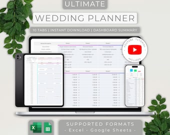 May include: A laptop computer displaying a wedding planner spreadsheet with 10 tabs. The spreadsheet is titled "Ultimate Wedding Planner" and includes a dashboard summary. The image also shows a YouTube tutorial icon with the text "YouTube Tutorial Included". The spreadsheet is compatible with Excel and Google Sheets.