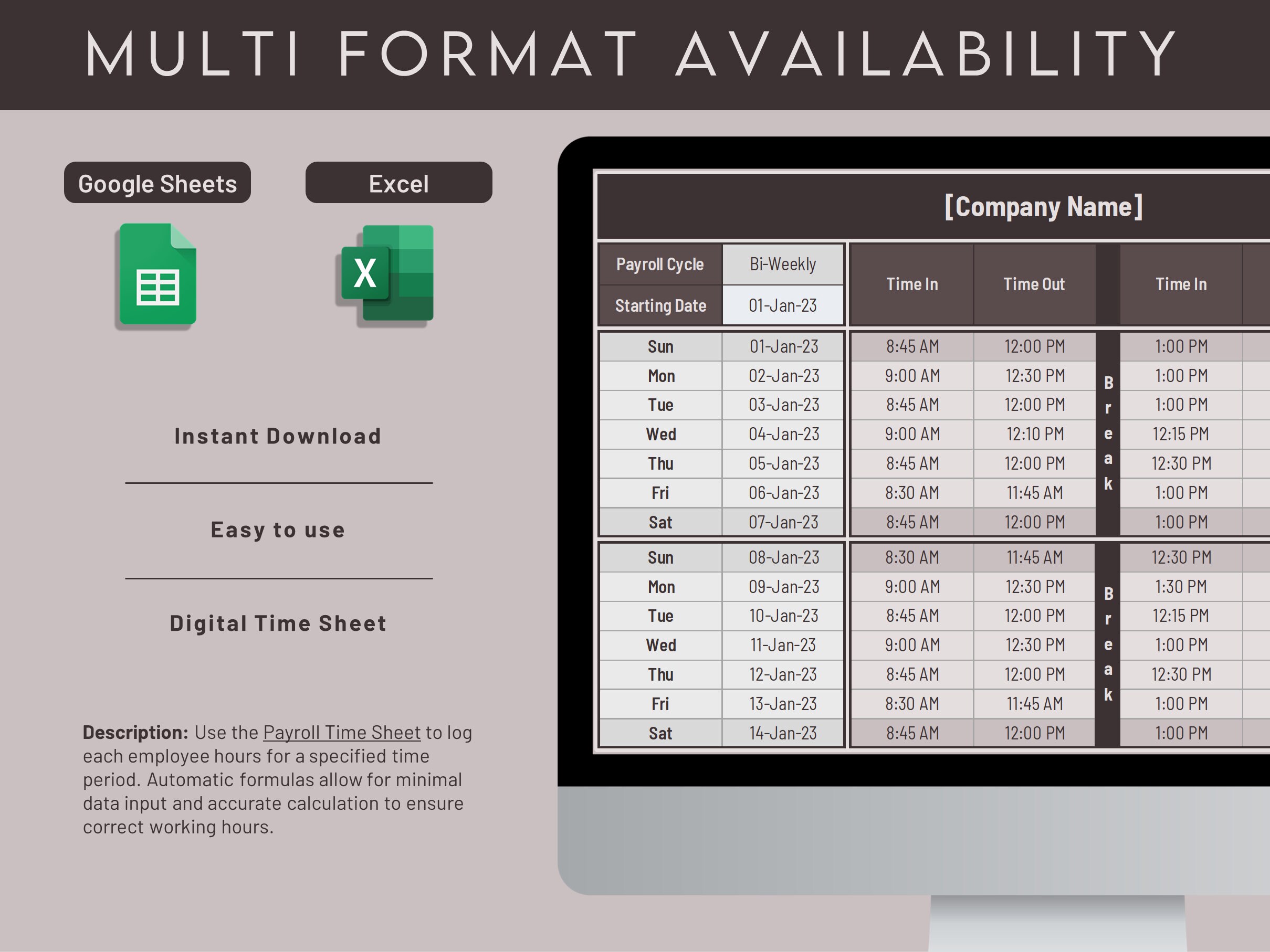 Payroll Timesheet Google Sheets and Excel Employee Time Etsy