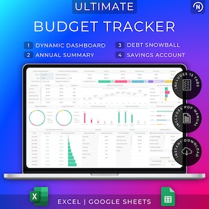 Månadsbudgetuppföljning | Årlig inkomst- och utgiftsplanerare | Skuldavbetalning | Finansiellt kalkylblad (Excel och Google Sheets)