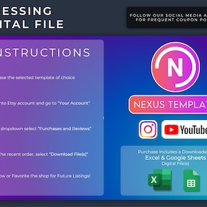 Op de afbeelding: Een roze cirkel met een witte letter N erin, met de tekst "Nexus Template" eronder. De afbeelding bevat ook social media-iconen voor Instagram, YouTube en een downloadbaar Excel- en Google Sheets-bestand.