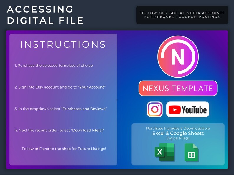 Op de afbeelding: Een roze cirkel met een witte letter N erin, met de tekst "Nexus Template" eronder. De afbeelding bevat ook social media-iconen voor Instagram, YouTube en een downloadbaar Excel- en Google Sheets-bestand.