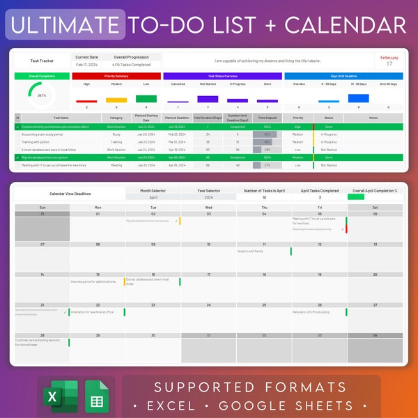 To Do List Excel & Google Sheets | Daily Task Tracker | 2024 Calendar Planner | Deadline Agenda | Checklist Spreadsheet | Digital Schedule
