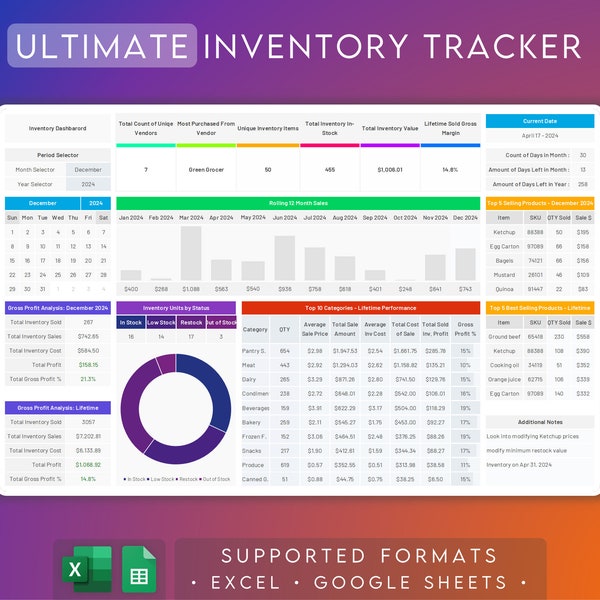Inventory Tracker Excel & Google Sheets | 2024 Business Template | Inventory Sales and Purchases | Inventory Restock | Transaction Log | POS