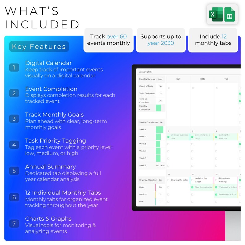 Monthly Calendar Spreadsheet | Multi-year Event Planner | Daily Task ...