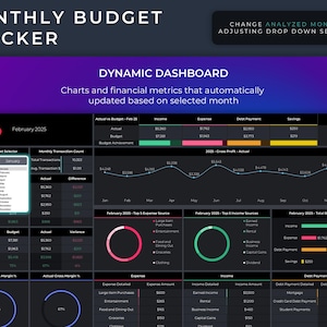 Op de afbeelding: Een donkergekleurd dashboard voor maandelijkse budgettracking met een dynamische interface. Het dashboard toont grafieken en financi&euml;le statistieken voor februari 2025, waaronder inkomsten, uitgaven, schuldaflossingen en besparingen. Het dashboard is aanpasbaar en stelt gebruikers in staat om verschillende maanden te selecteren voor analyse.