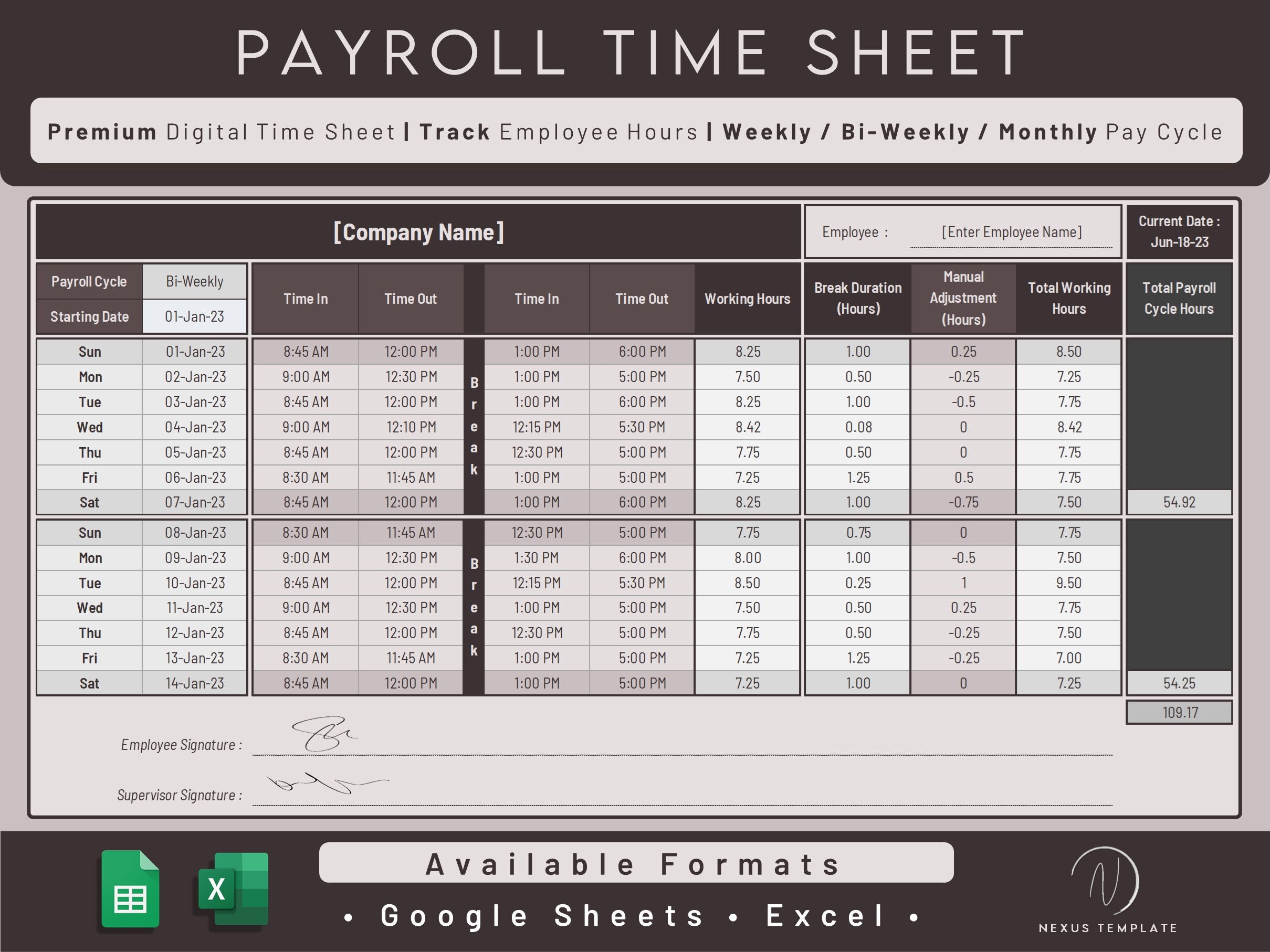 Payroll Timesheet Google Sheets and Excel Employee Time Etsy