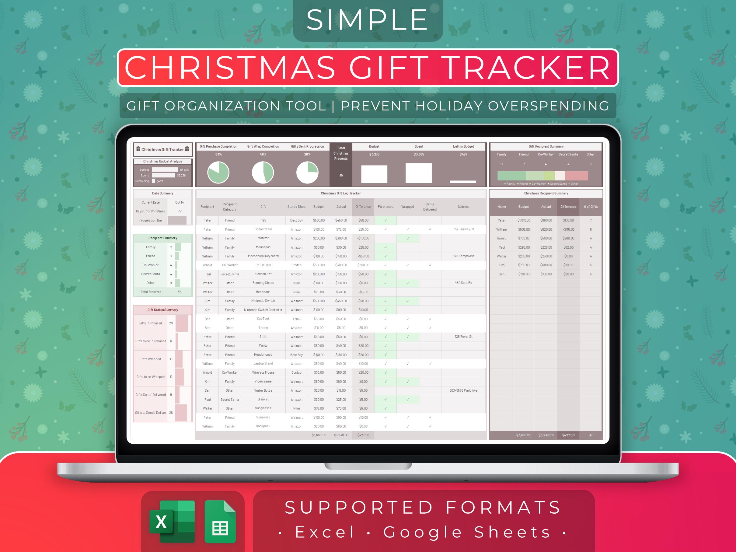 Christmas Gift Tracker Google Sheets and Excel | Budget Tracker | Gift Log Tracking | Holiday Digital Spreadsheet | Secret Santa List