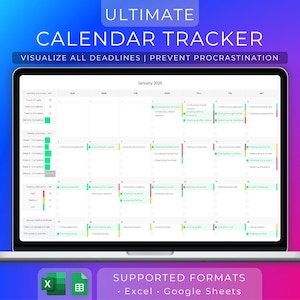 Digitaler Kalender Tabelle Excel & Google Sheets Mehrjahreskalender Ereignisplaner Monatlicher Aufgabenplaner Tagesplaner Aufgabenkalender