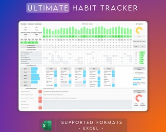 Seguimiento de hábitos para Excel / Planificador diario de hábitos / Hoja de cálculo de seguimiento de hábitos mensuales / Seguimiento de objetivos / Plantilla de lista de tareas pendientes / Planificador anual