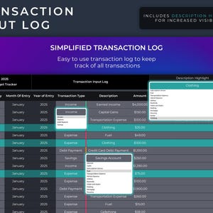 Op de afbeelding: Een vereenvoudigde transactielog-sjabloon met een donkergrijze achtergrond en turquoise accenten. De sjabloon bevat kolommen voor de invoerdatum, de invoermaand, het invoerjaar, het transactietype, de beschrijving en het bedrag. De sjabloon bevat ook een functie om de beschrijving te markeren, waarmee gebruikers de categorie van elke transactie gemakkelijk kunnen identificeren.