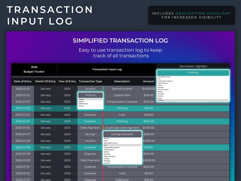 Op de afbeelding: Een vereenvoudigde transactielog-sjabloon met een donkergrijze achtergrond en turquoise accenten. De sjabloon bevat kolommen voor de invoerdatum, de invoermaand, het invoerjaar, het transactietype, de beschrijving en het bedrag. De sjabloon bevat ook een functie om de beschrijving te markeren, waarmee gebruikers de categorie van elke transactie gemakkelijk kunnen identificeren.