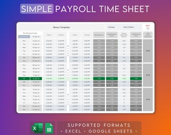 Payroll Timesheet Excel & Google Sheets | Employee Time Tracker | 2024 Digital Template | Weekly Bi-Weekly Monthly Pay | Daily Attendance