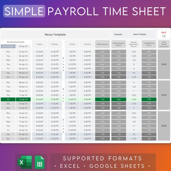 Feuille de temps sur la paie Feuilles Excel et Google | Suivi du temps des employés | Modèle numérique 2024 | Rémunération mensuelle hebdomadaire aux deux semaines | Présence quotidienne