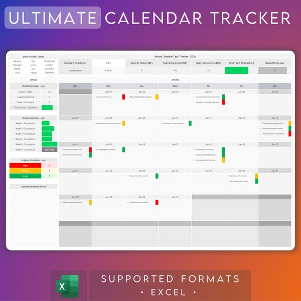 Annual Calendar Excel | 2024 2025 Calendar Planner | Digital Planner | Monthly Task Tracker | Project Project | Daily Weekly Monthly Yearly