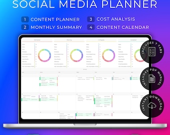 Puede incluir: Pantalla de portátil que muestra un planificador de redes sociales con el texto "ULTIMATE SOCIAL MEDIA PLANNER". El planificador incluye planificador de contenido, resumen mensual, análisis de costos y calendario de contenido. Compatible con Excel y Google Sheets.